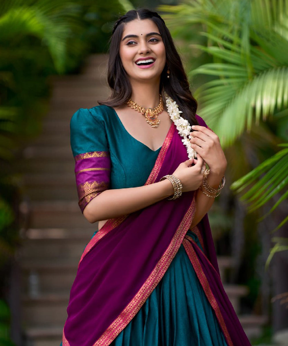 Teal Cotton-Poly Lehenga Choli with Zari Detailing Unstitched