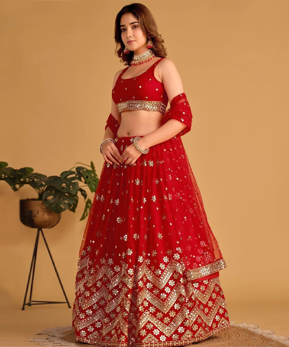 Red Georgette Lehenga Choli with Fine Thread Embroidery Unstitched