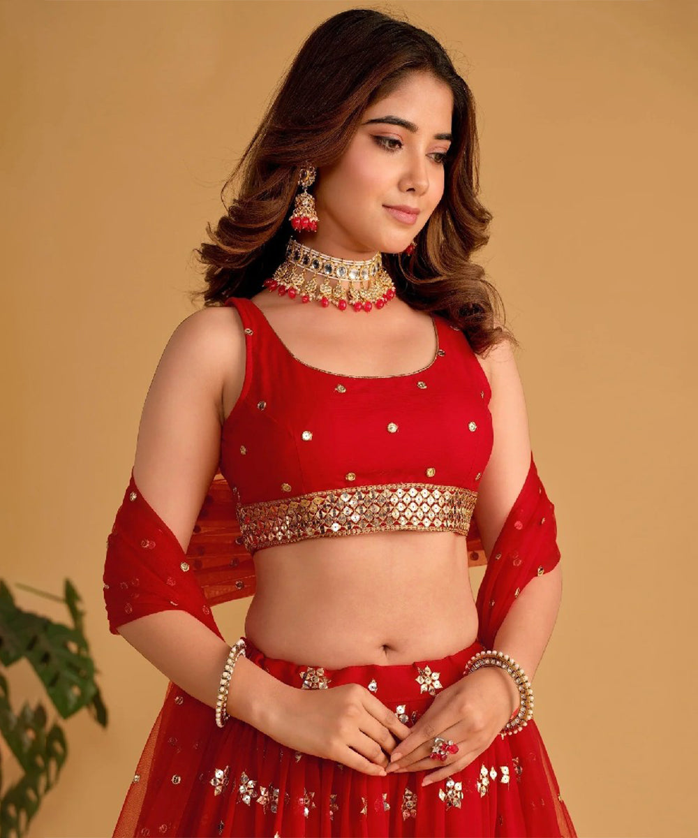 Red Georgette Lehenga Choli with Fine Thread Embroidery Unstitched