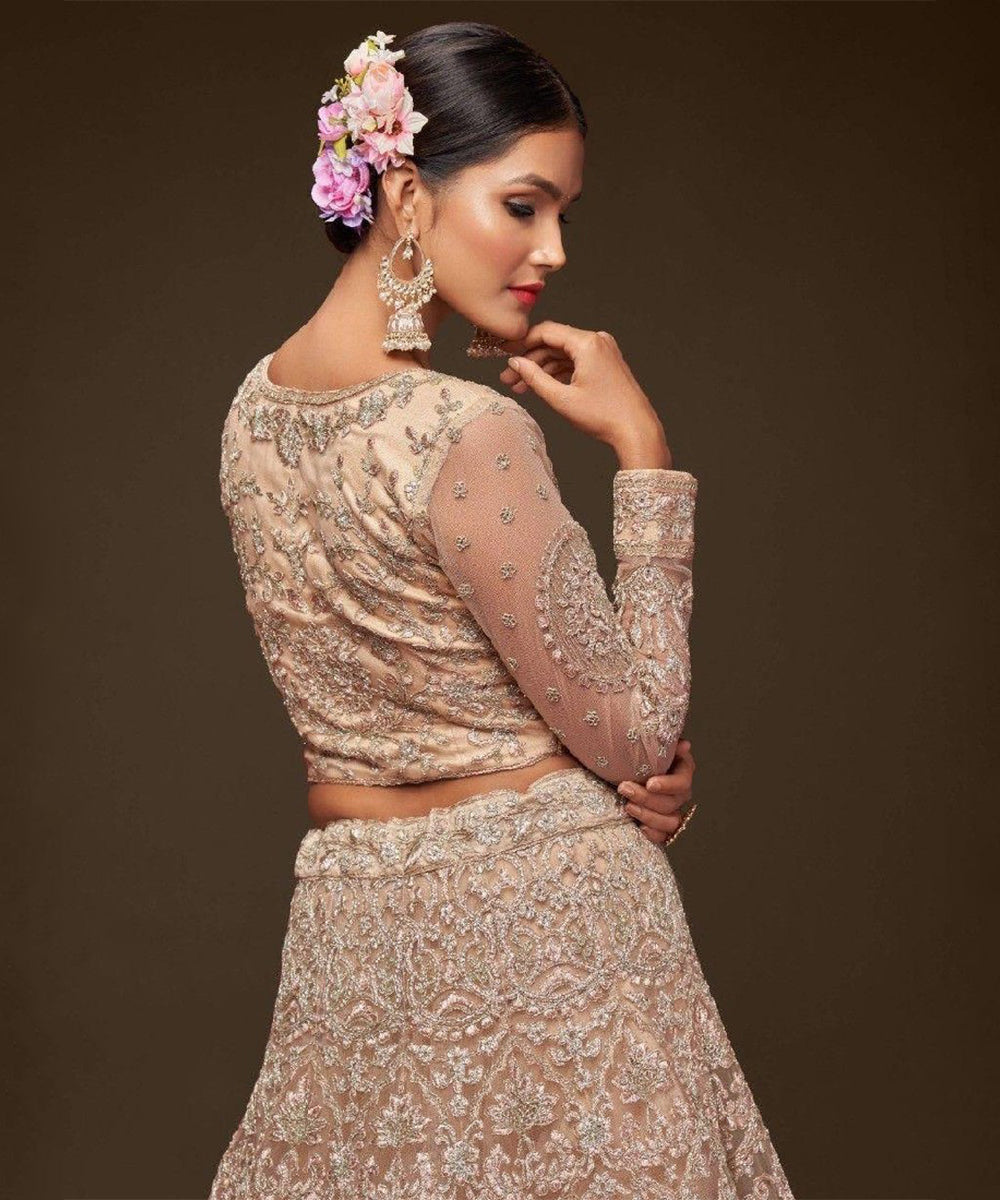 Beige Net Lehenga Choli with Delicate Thread Embroidery Unstitched