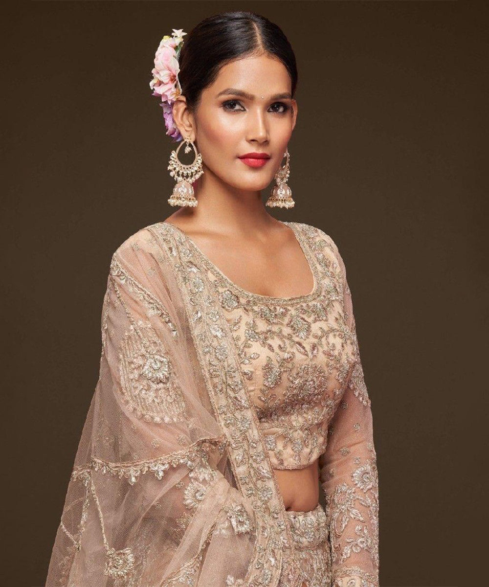 Beige Net Lehenga Choli with Delicate Thread Embroidery Unstitched