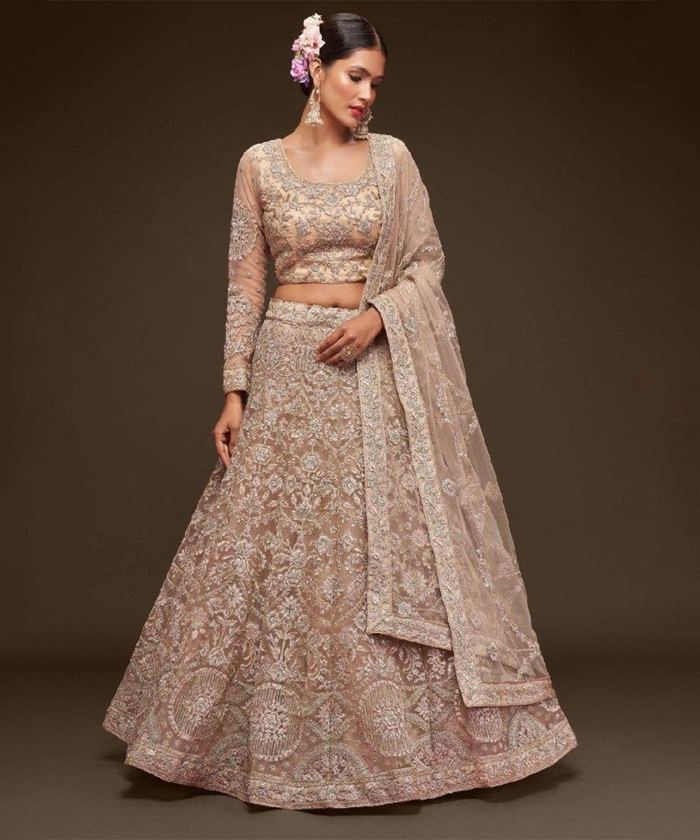 Beige Net Lehenga Choli with Delicate Thread Embroidery Unstitched