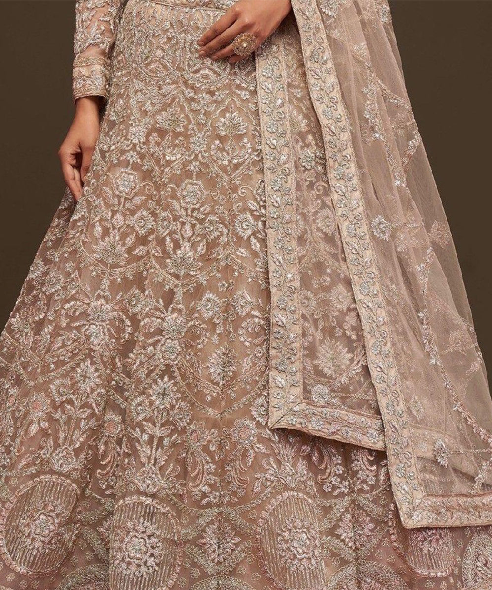 Beige Net Lehenga Choli with Delicate Thread Embroidery Unstitched