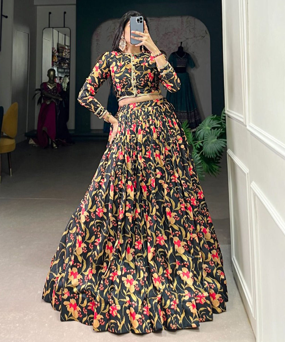 Black Tusser Silk Lehenga Choli with Traditional Prints Unstitched