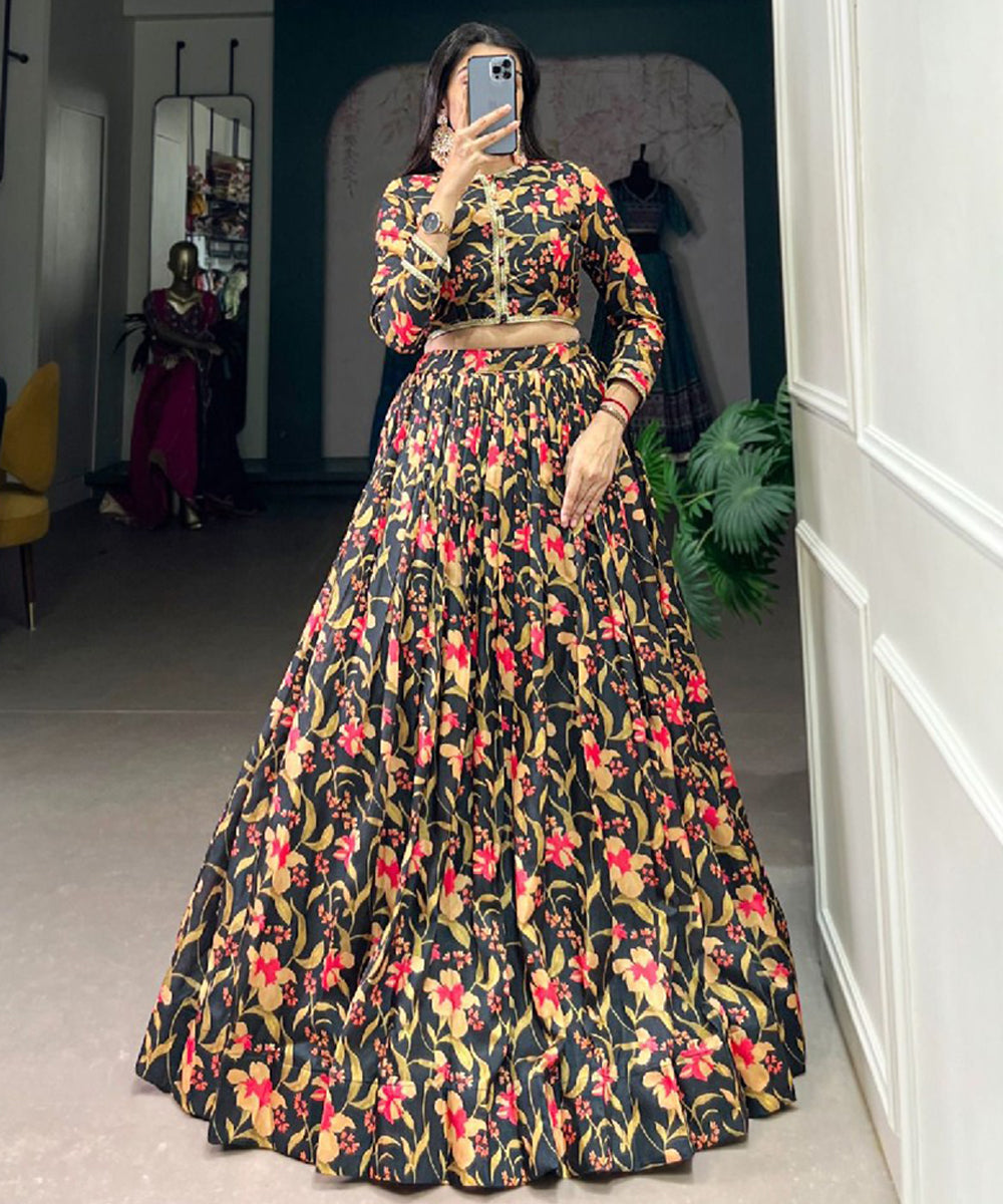 Black Tusser Silk Lehenga Choli with Traditional Prints Unstitched