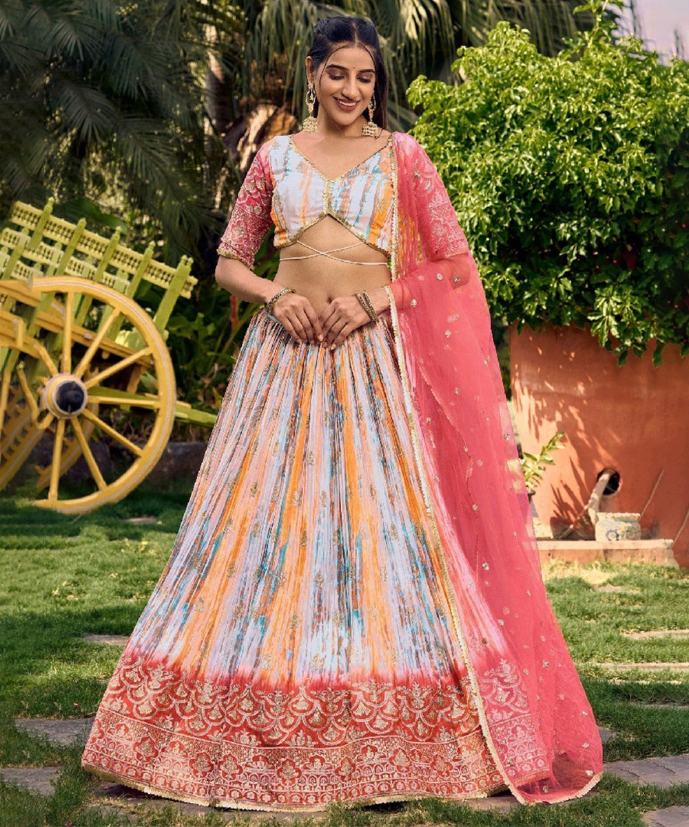 Multicolor Chinnon Lehenga Choli with Shimmering Sequins Unstitched