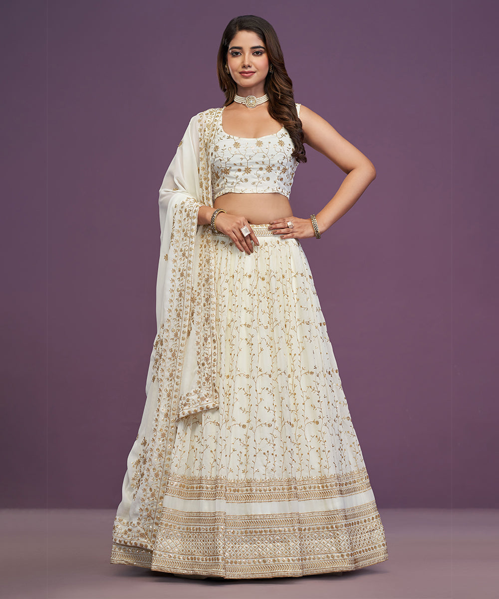White Sequins Embroidered Lehenga Choli Unstitched