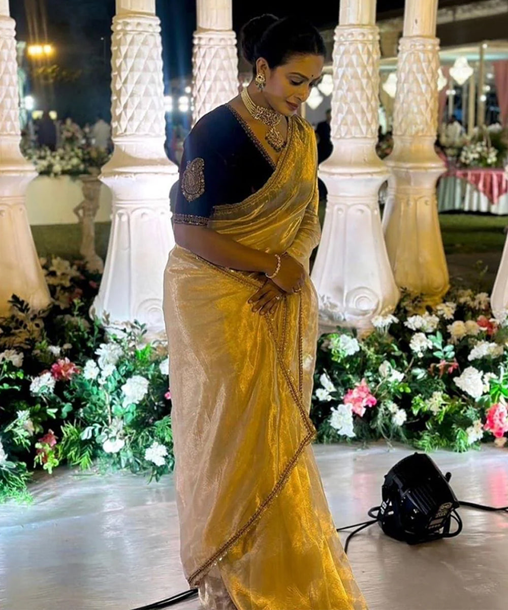 Cream Tissue Silk Saree with Velvet Embroidered Blouse