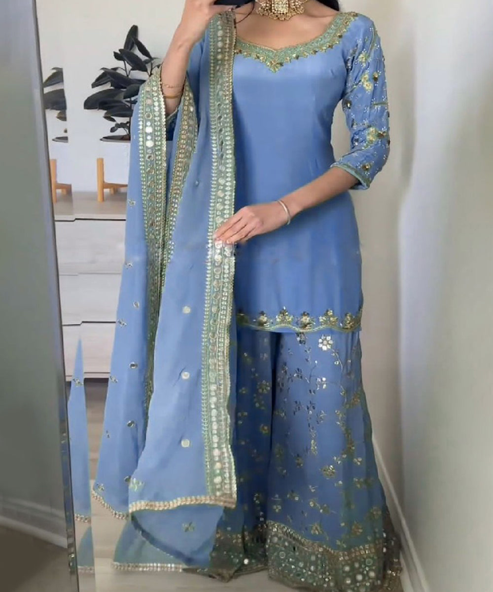 Blue Faux Georgette Embroidered Kurta with Pant and Dupatta