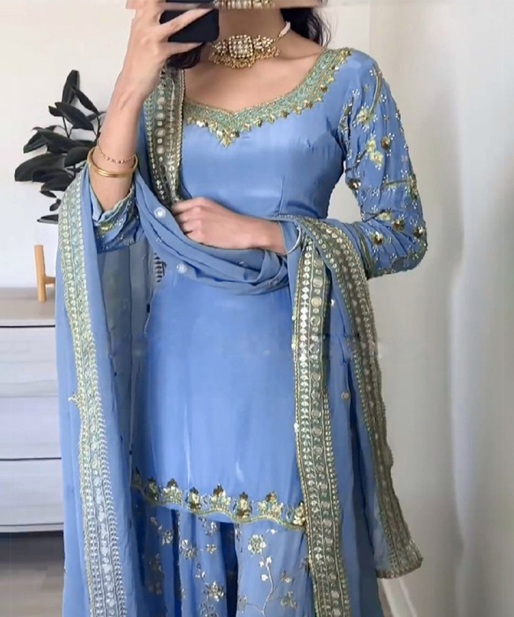 Blue Faux Georgette Embroidered Kurta with Pant and Dupatta