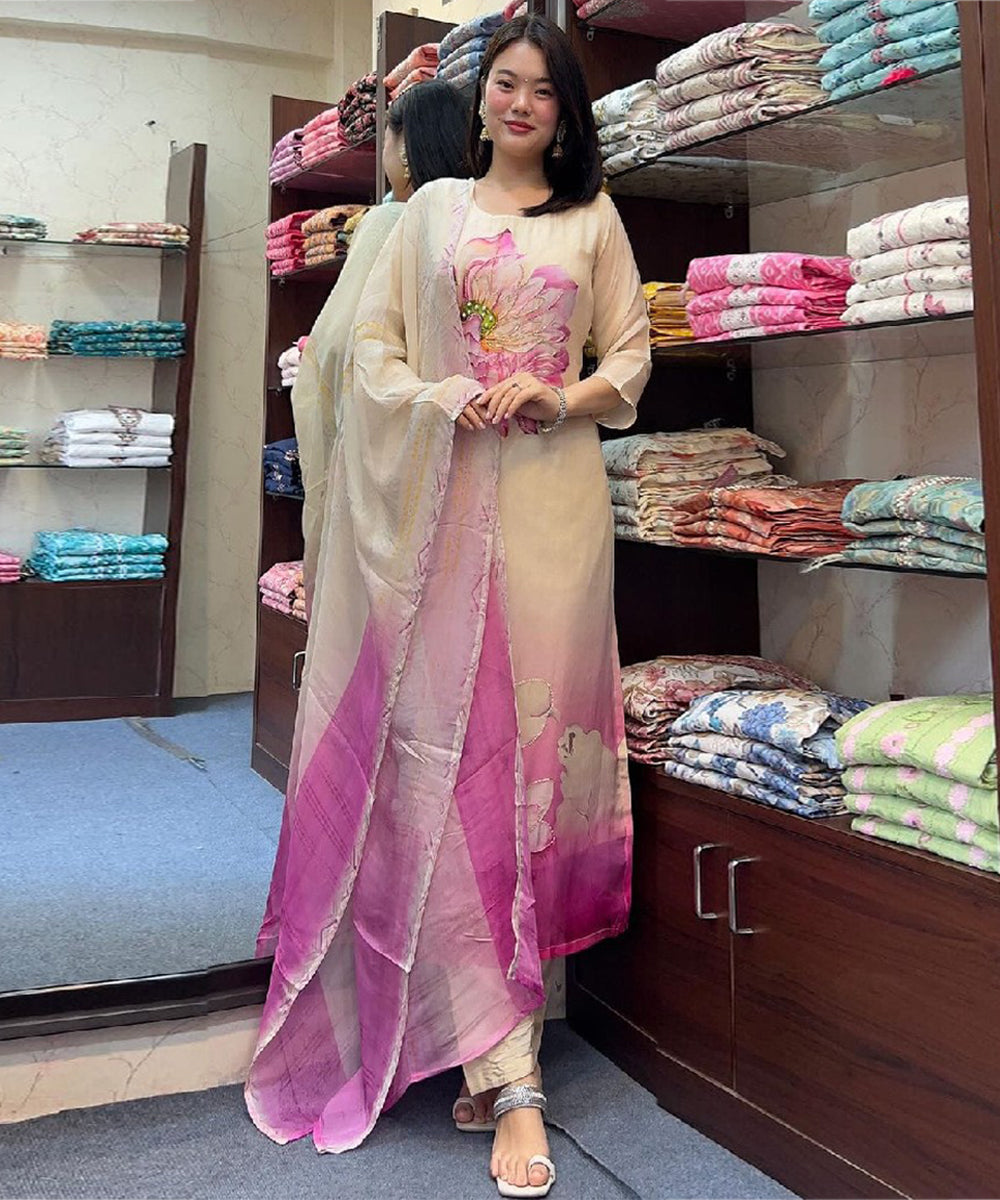 Pink Organza Zari Woven Kurta with Pant and Dupatta