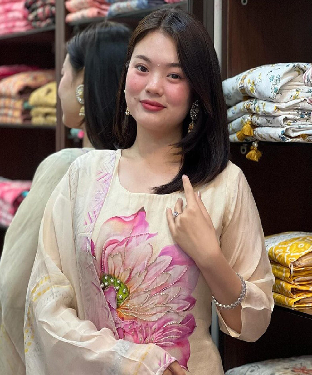 Pink Organza Zari Woven Kurta with Pant and Dupatta
