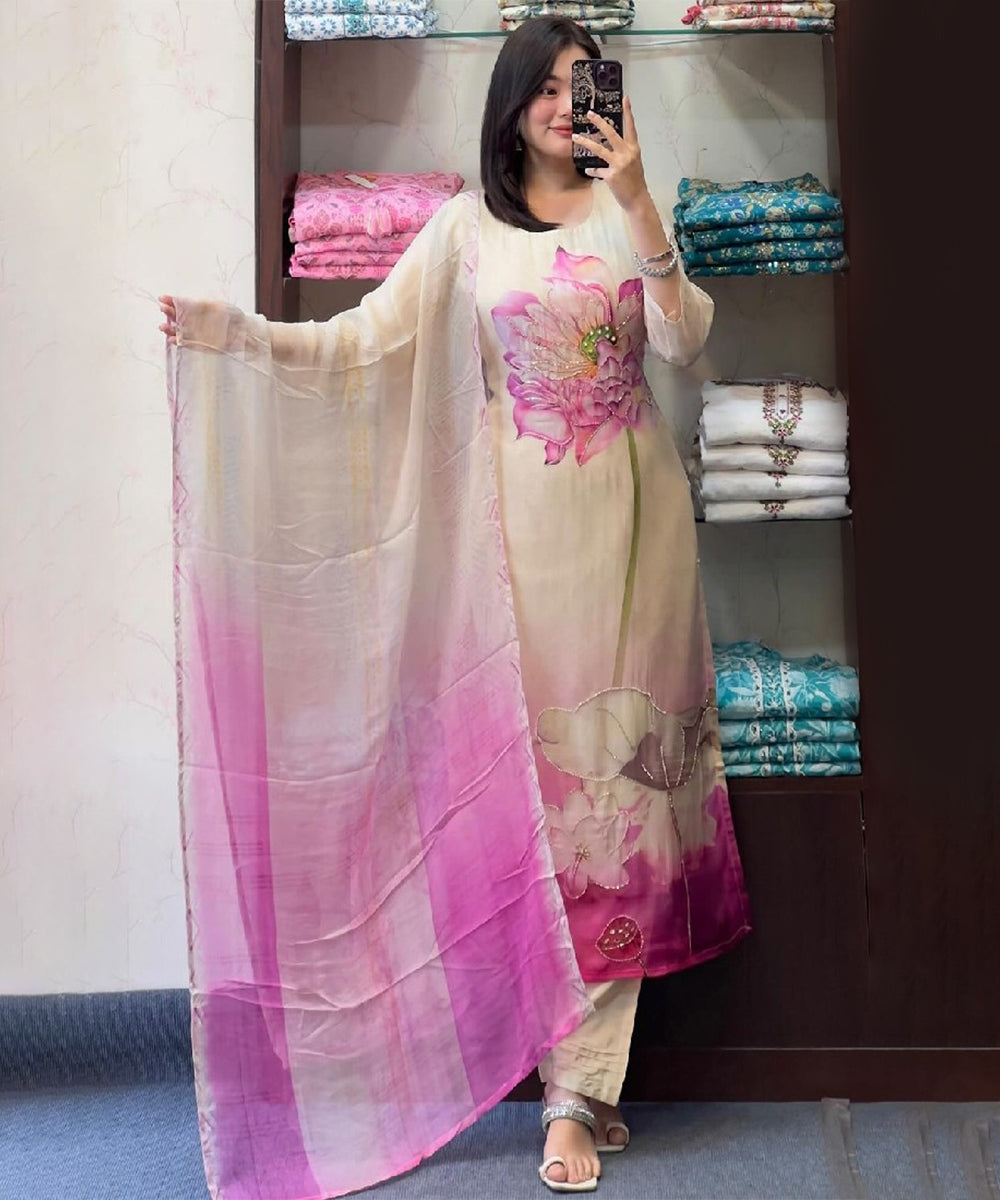 Pink Organza Zari Woven Kurta with Pant and Dupatta