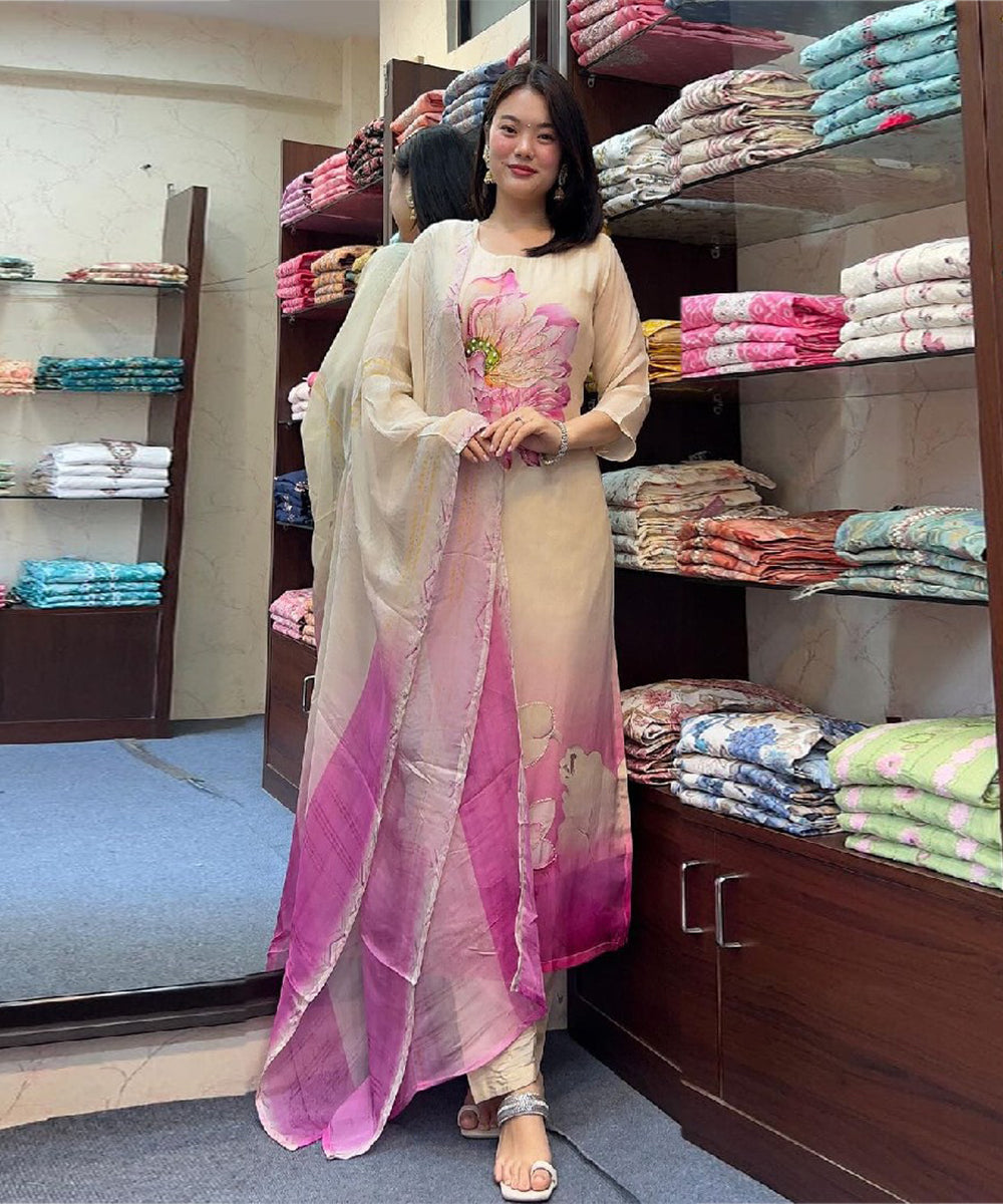 Pink Organza Zari Woven Kurta with Pant and Dupatta