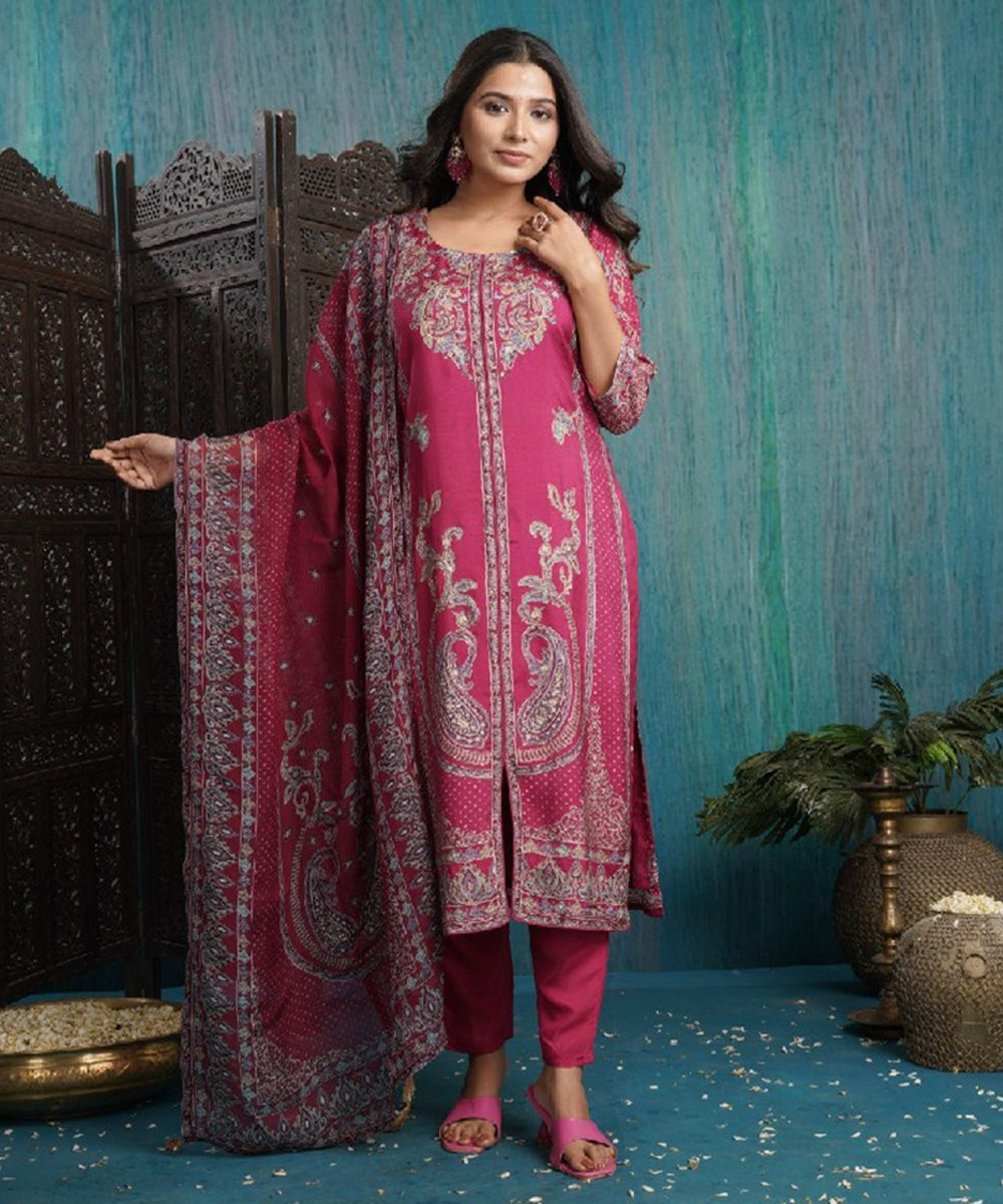Dark Pink Cotton Hand Embroidery Kurta with Pant and Dupatta