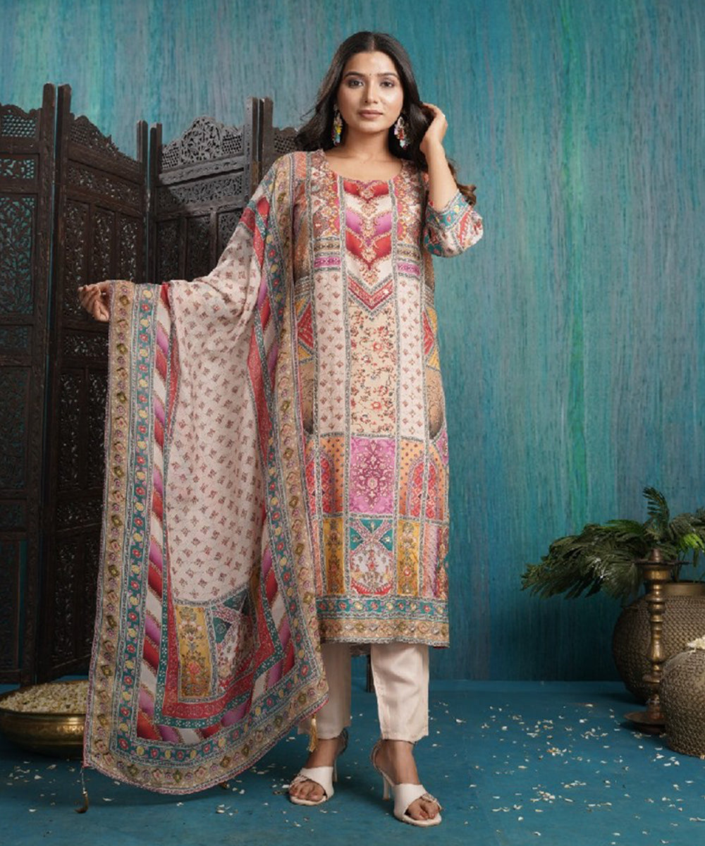 Multicolor Muslin Printed Kurta with Pant and Dupatta