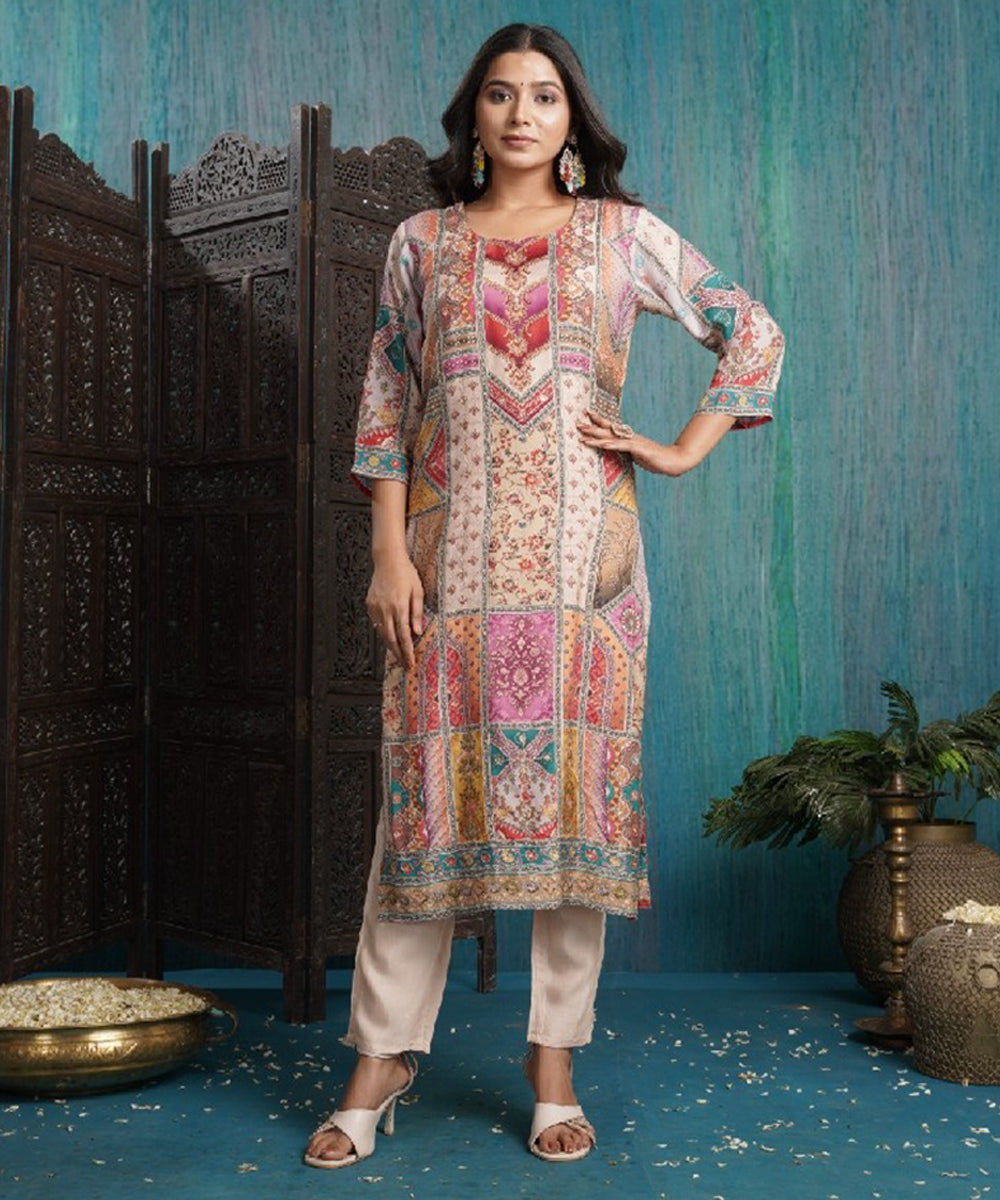 Multicolor Muslin Printed Kurta with Pant and Dupatta