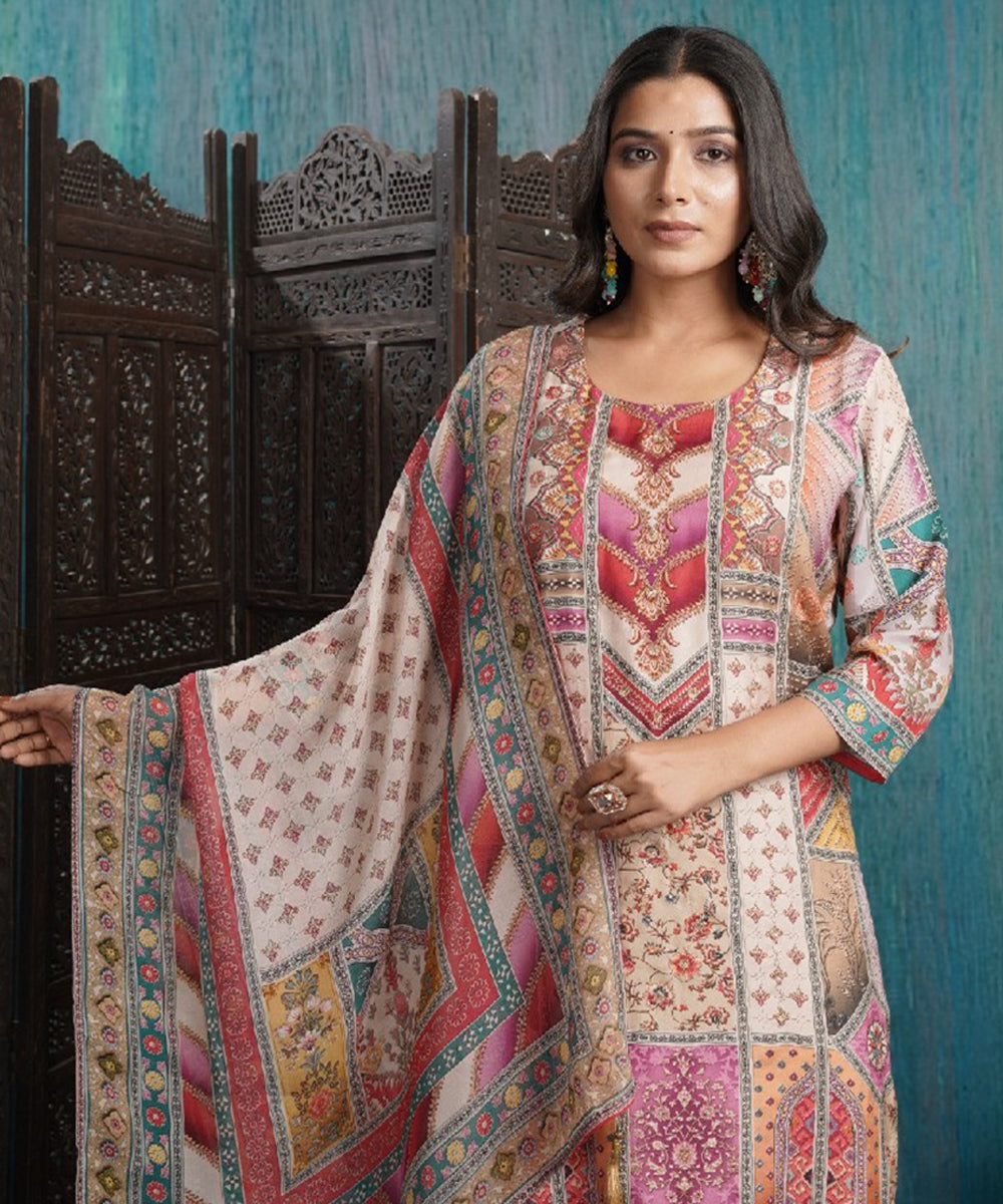 Multicolor Muslin Printed Kurta with Pant and Dupatta