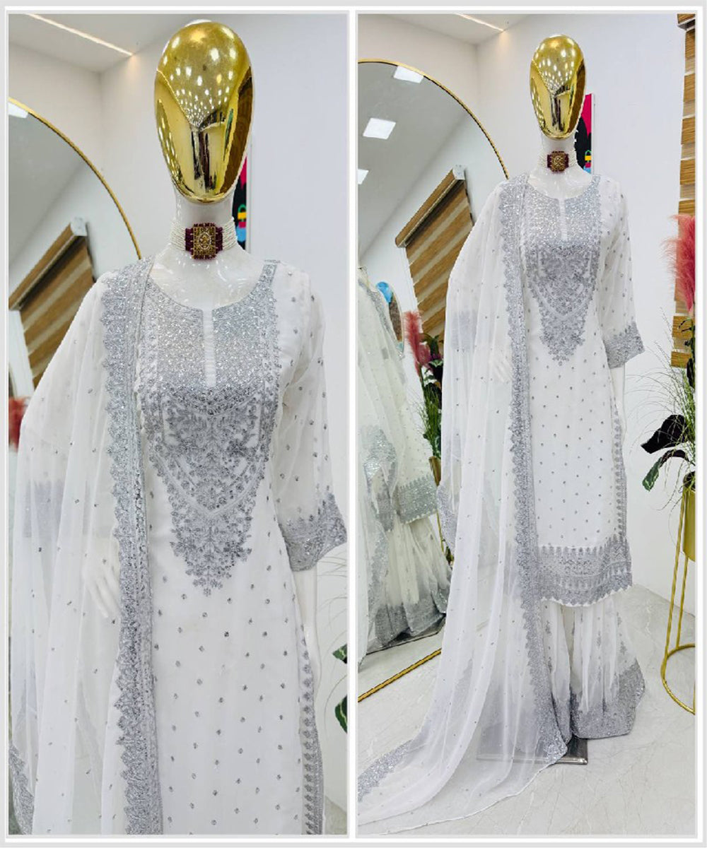 White Faux Georgette Embroidered Kurta with Pant and Dupatta