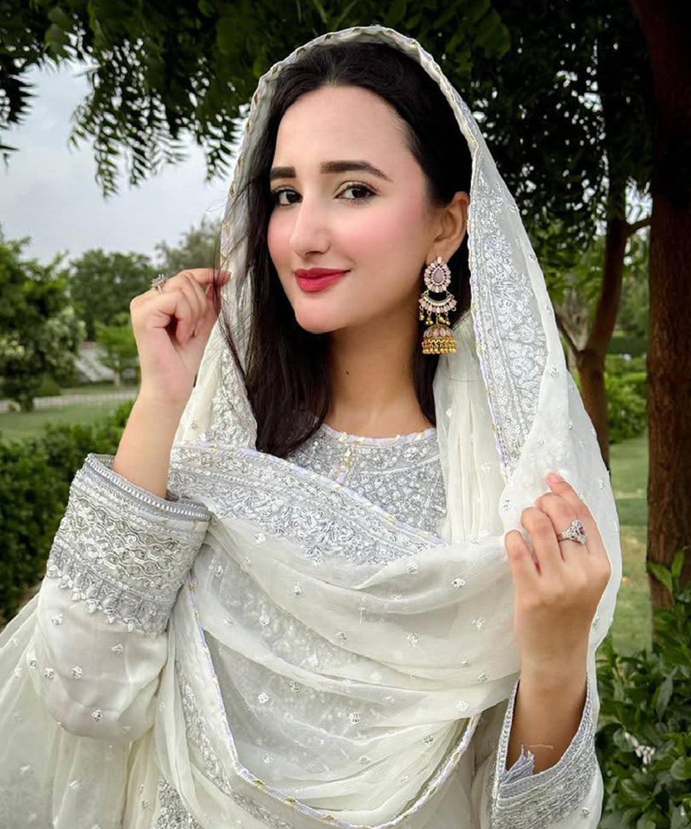 White Faux Georgette Embroidered Kurta with Pant and Dupatta