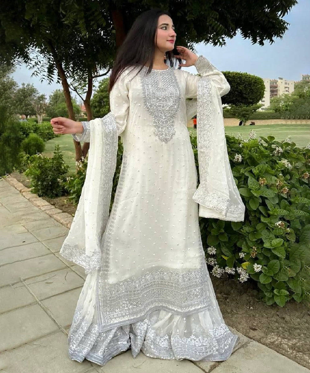 White Faux Georgette Embroidered Kurta with Pant and Dupatta