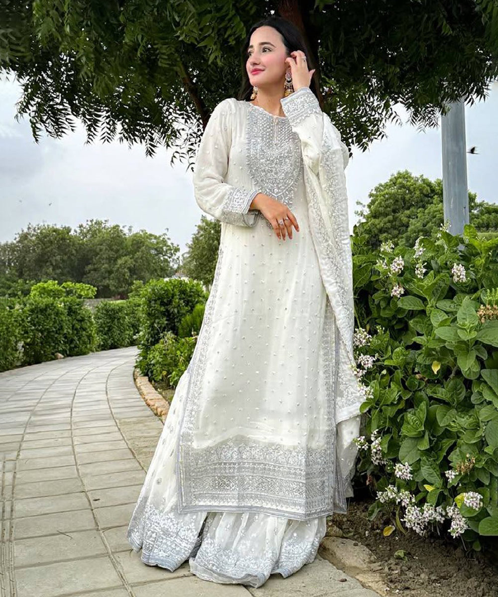 White Faux Georgette Embroidered Kurta with Pant and Dupatta