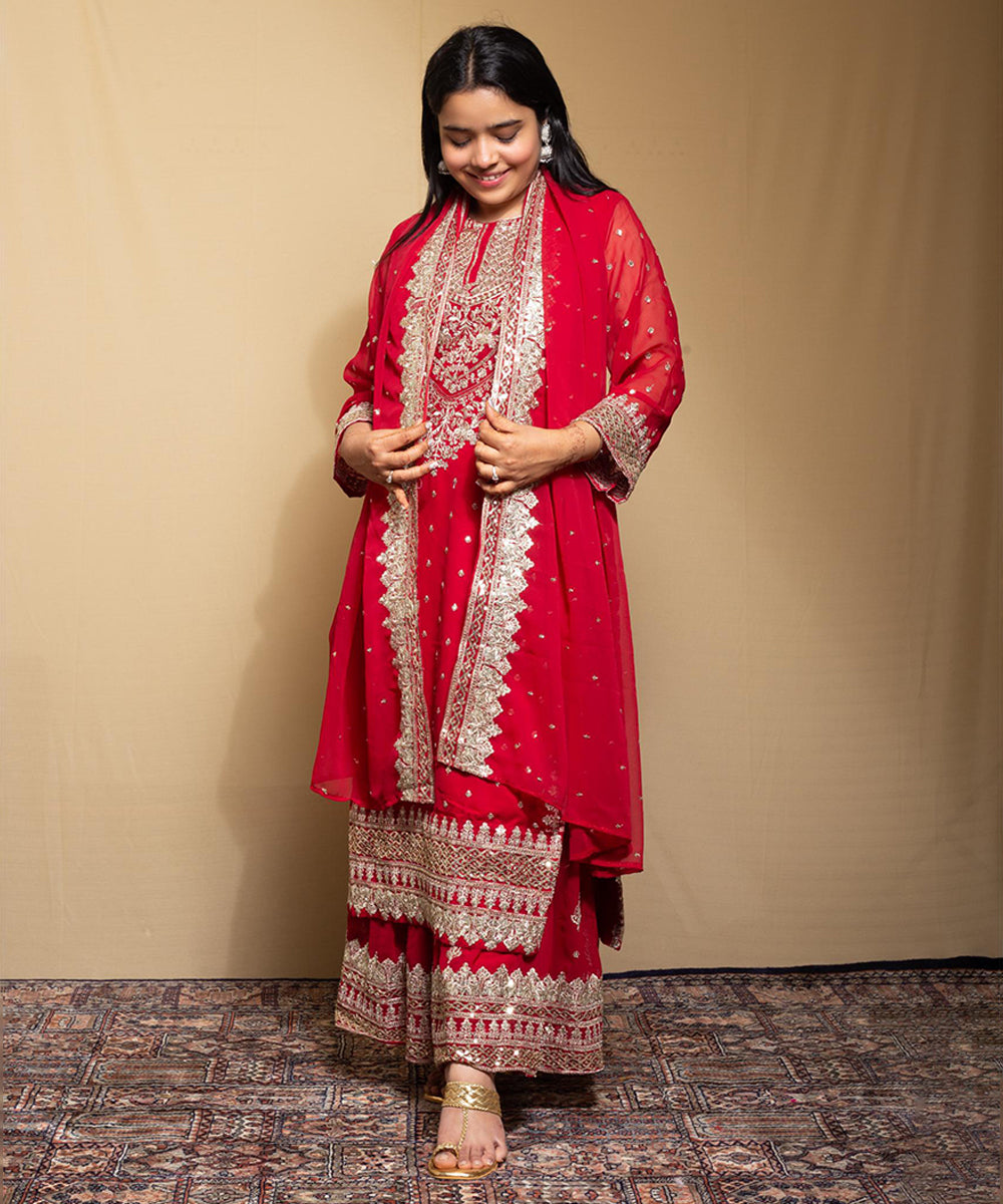 Maroon Faux Georgette Embroidered Kurta with Pant and Dupatta
