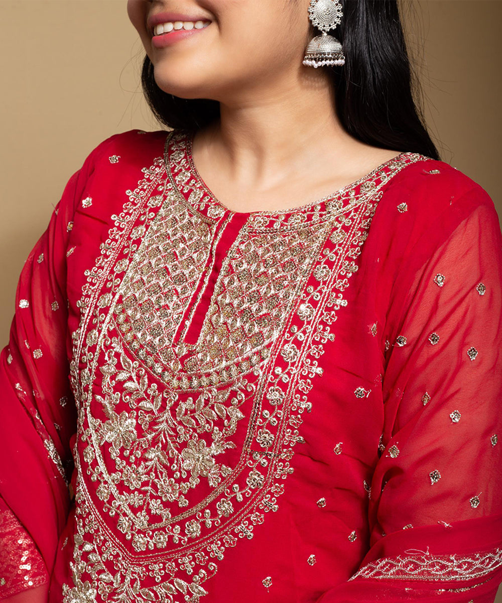 Maroon Faux Georgette Embroidered Kurta with Pant and Dupatta