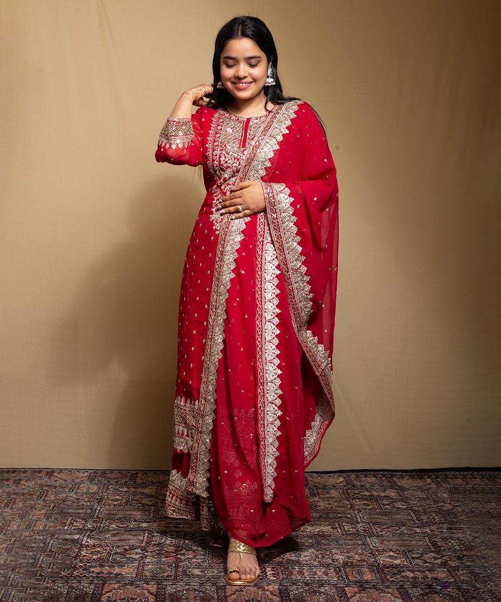 Maroon Faux Georgette Embroidered Kurta with Pant and Dupatta