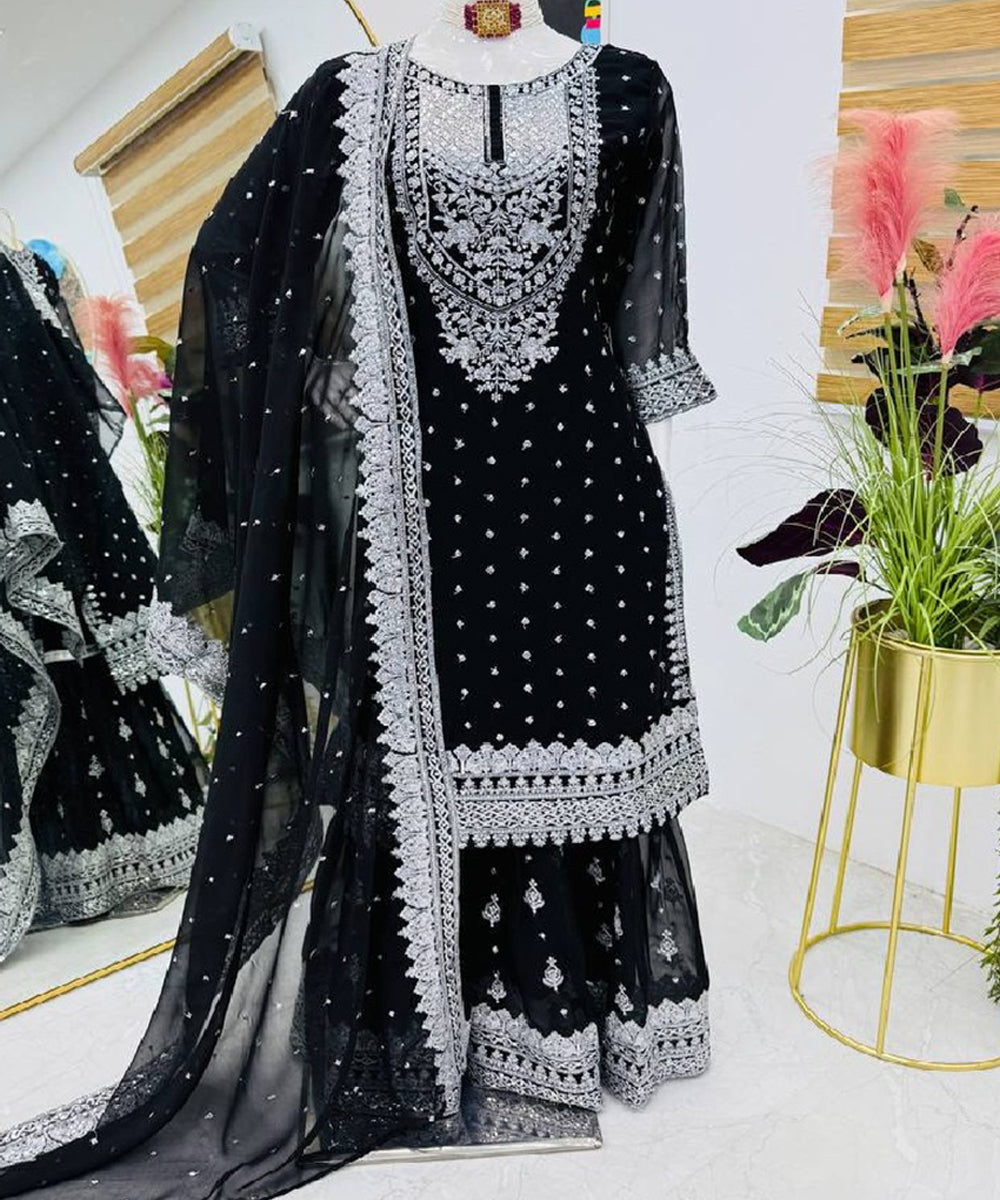 Black Faux Georgette Embroidered Kurta with Pant and Dupatta