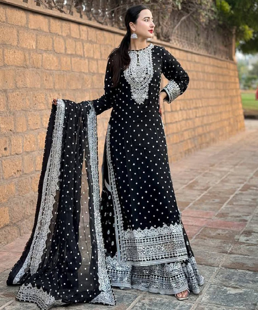 Black Faux Georgette Embroidered Kurta with Pant and Dupatta