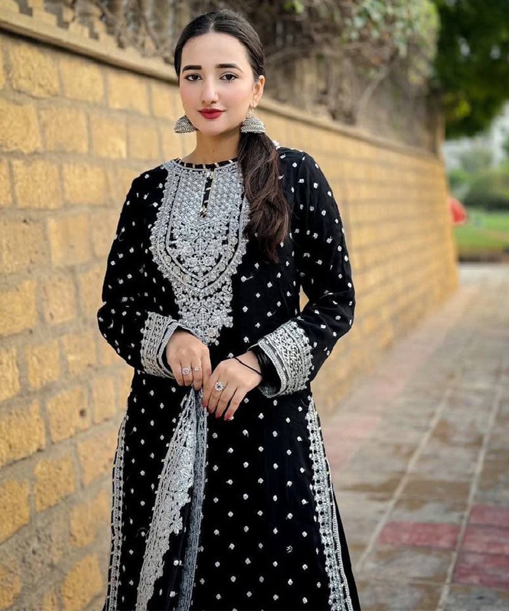 Black Faux Georgette Embroidered Kurta with Pant and Dupatta