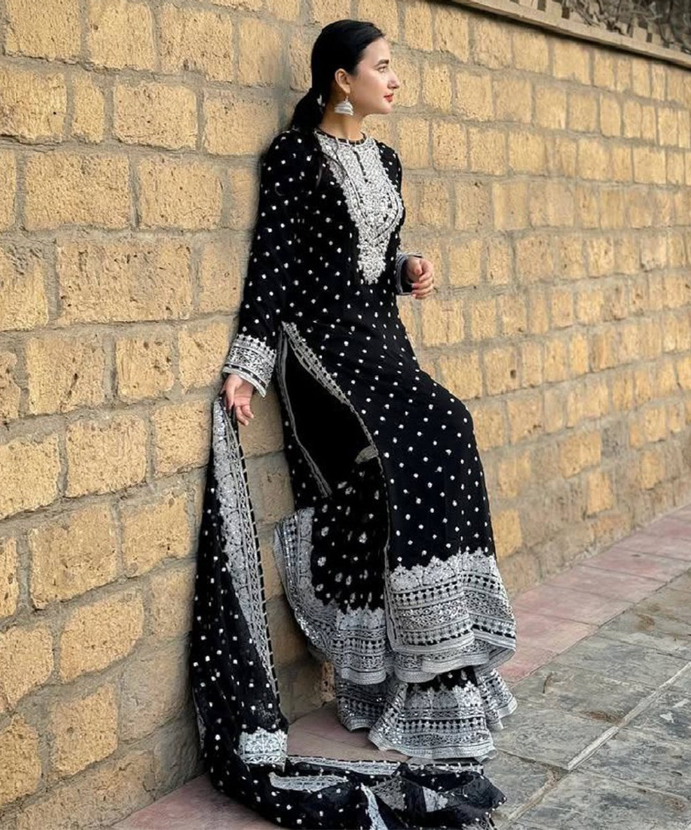 Black Faux Georgette Embroidered Kurta with Pant and Dupatta