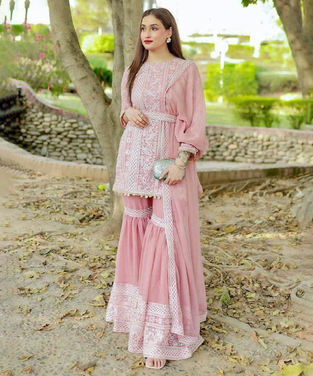 Pink Faux Georgette Embroidered Kurta with Pant and Dupatta