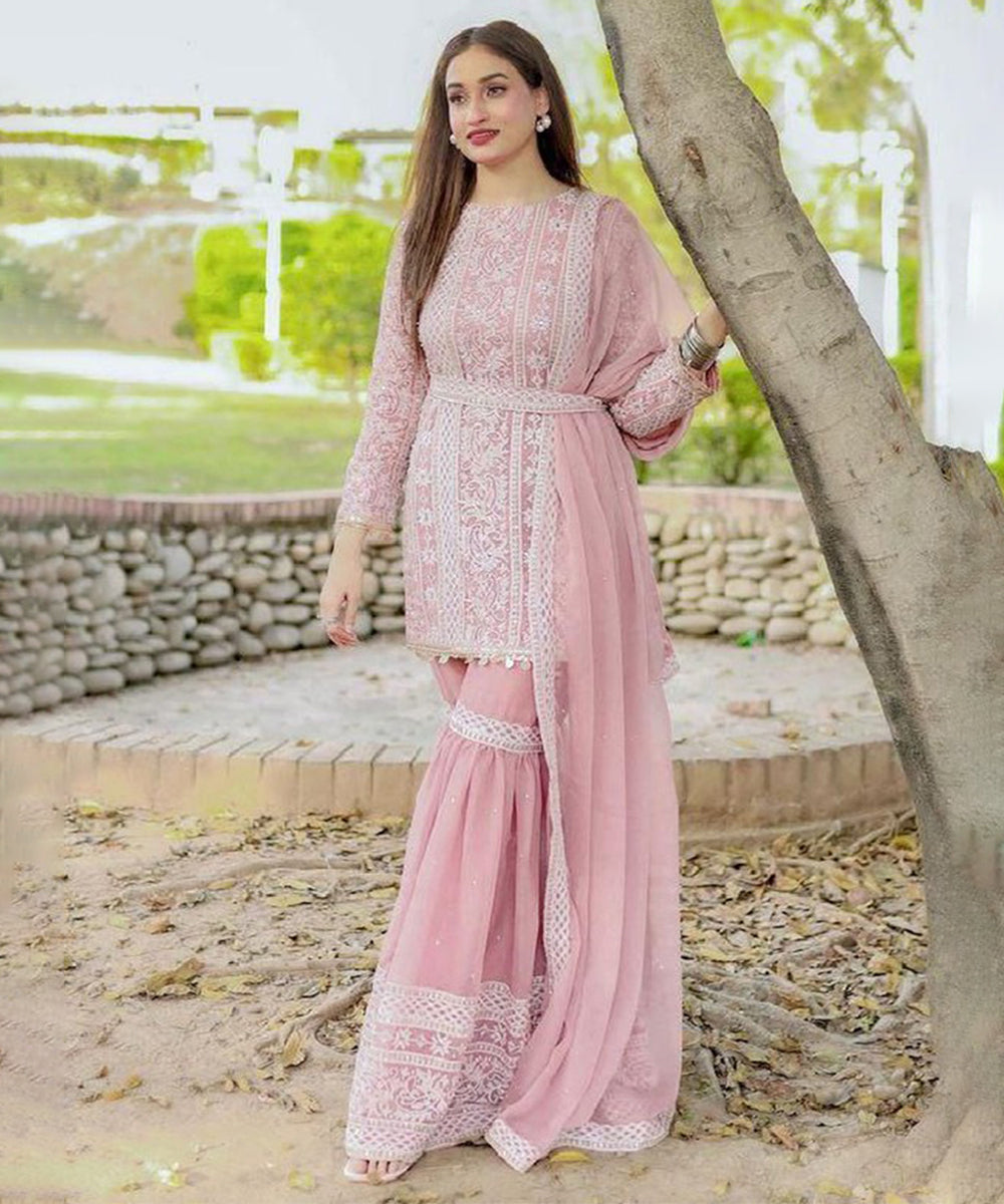 Pink Faux Georgette Embroidered Kurta with Pant and Dupatta