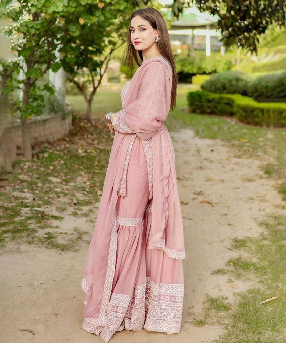 Pink Faux Georgette Embroidered Kurta with Pant and Dupatta