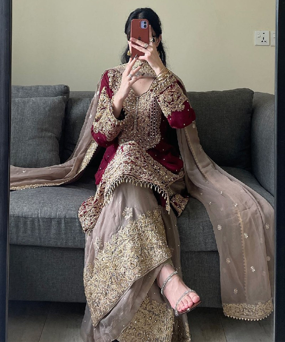 Maroon Viscose Embroidered Kurta with Pant and Dupatta