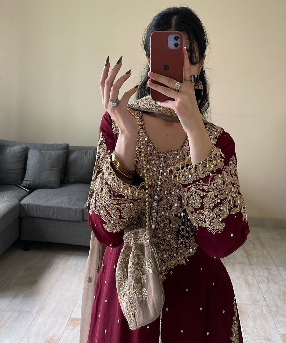Maroon Viscose Embroidered Kurta with Pant and Dupatta
