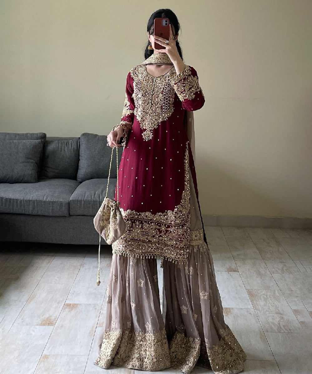 Maroon Viscose Embroidered Kurta with Pant and Dupatta