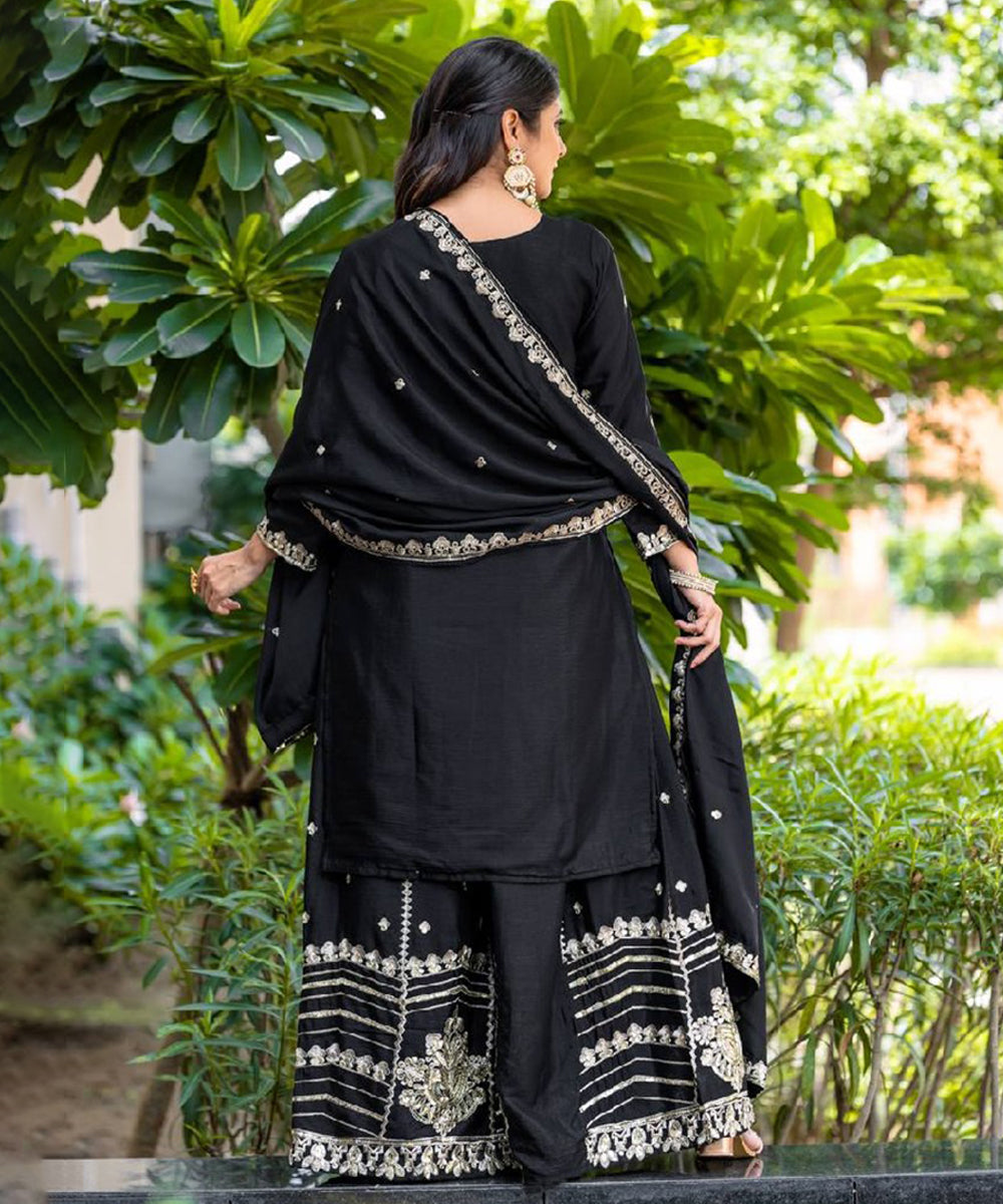 Black Silk Blend Embroidered Kurta with Pant and Dupatta