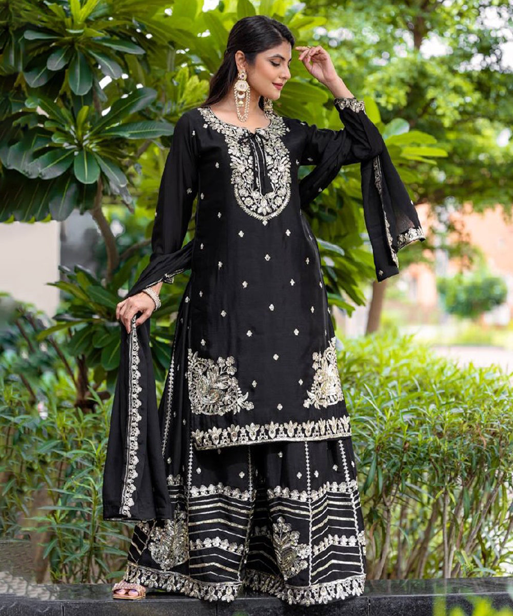 Black Silk Blend Embroidered Kurta with Pant and Dupatta
