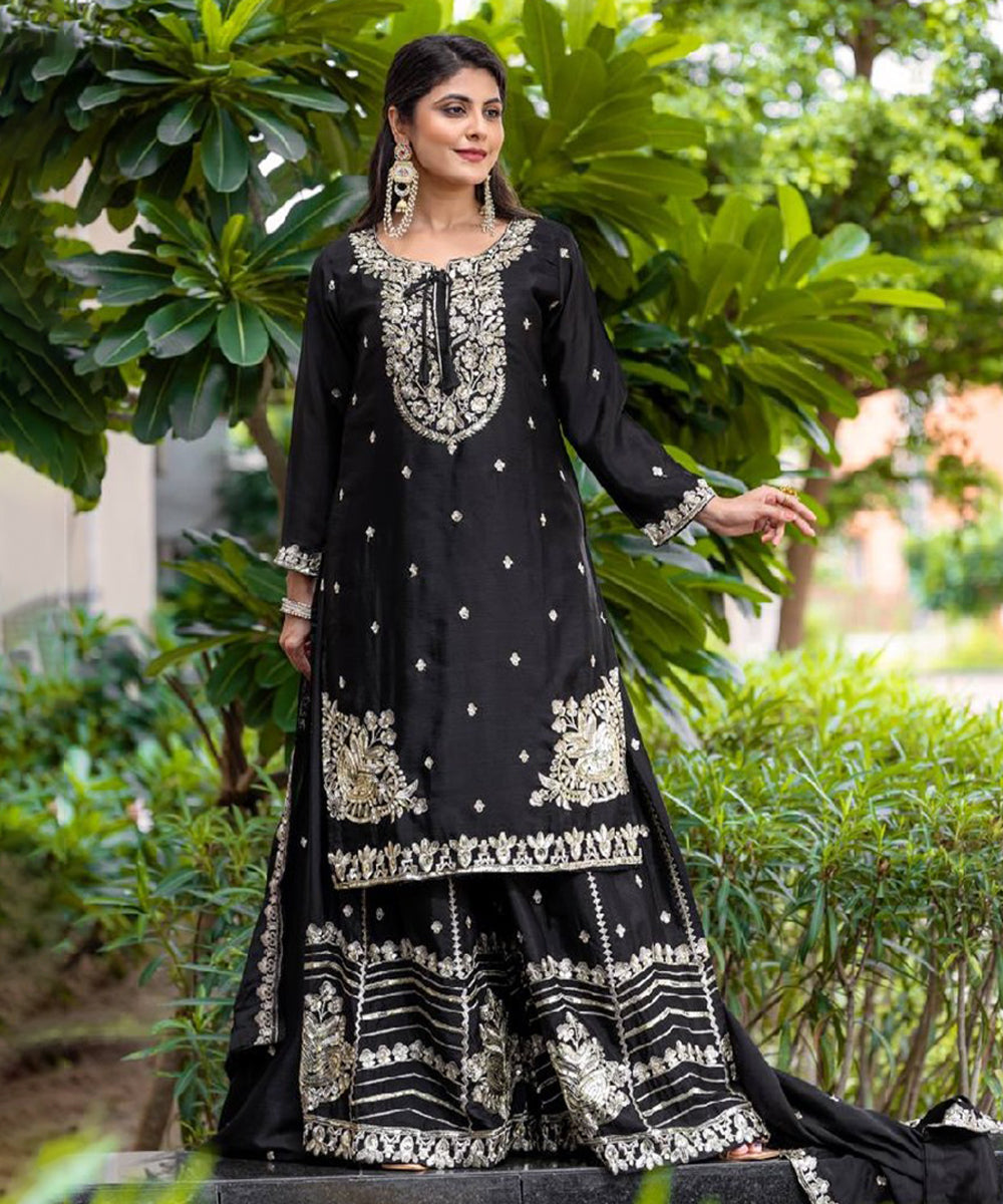 Black Silk Blend Embroidered Kurta with Pant and Dupatta