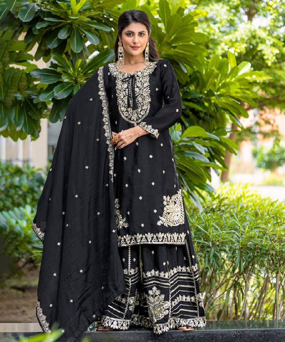 Black Silk Blend Embroidered Kurta with Pant and Dupatta