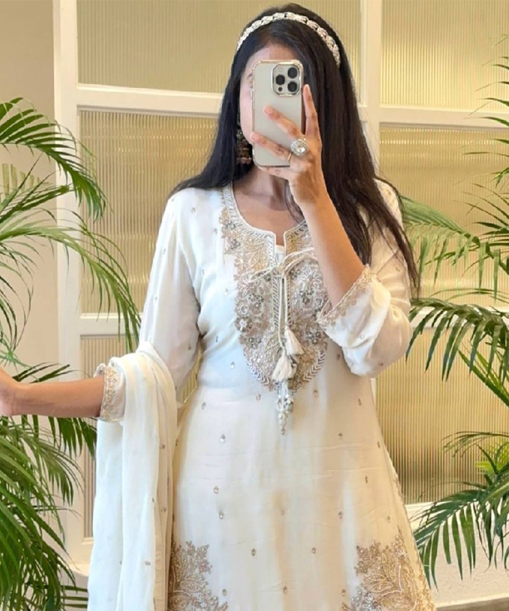 White Silk Blend Embroidered Kurta with Pant and Dupatta
