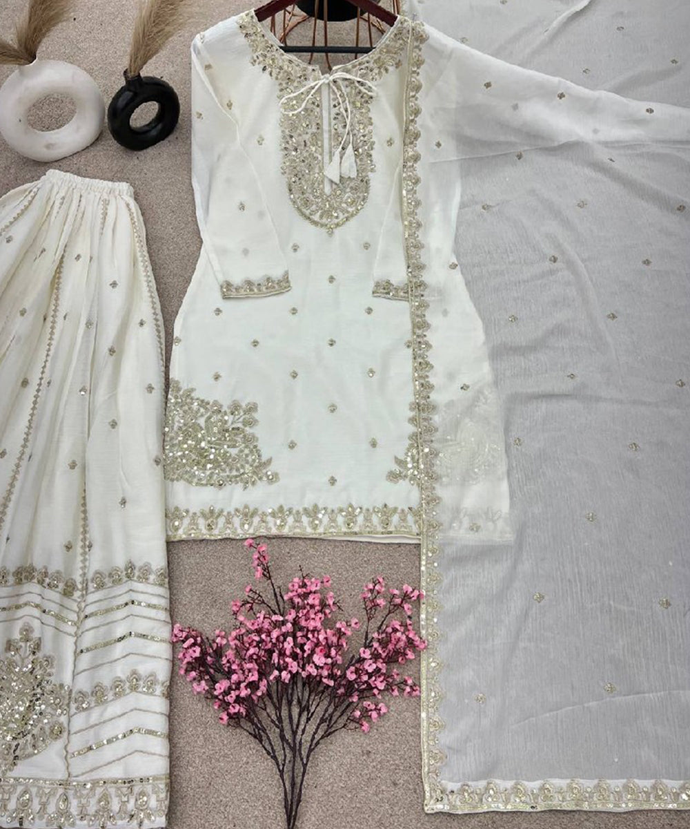 White Silk Blend Embroidered Kurta with Pant and Dupatta
