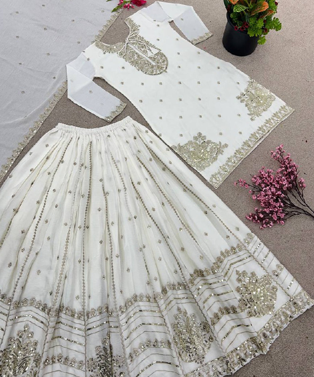 White Silk Blend Embroidered Kurta with Pant and Dupatta