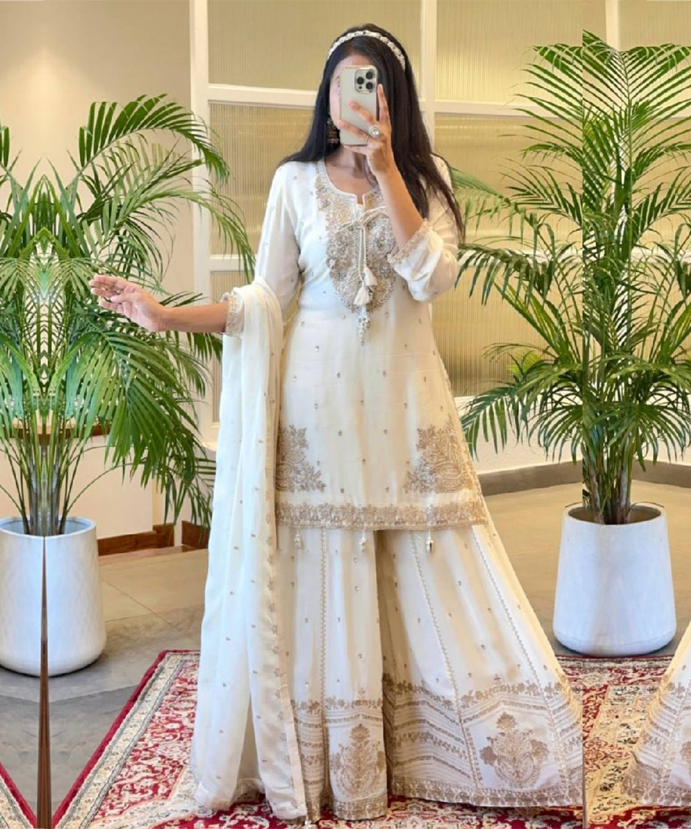 White Silk Blend Embroidered Kurta with Pant and Dupatta