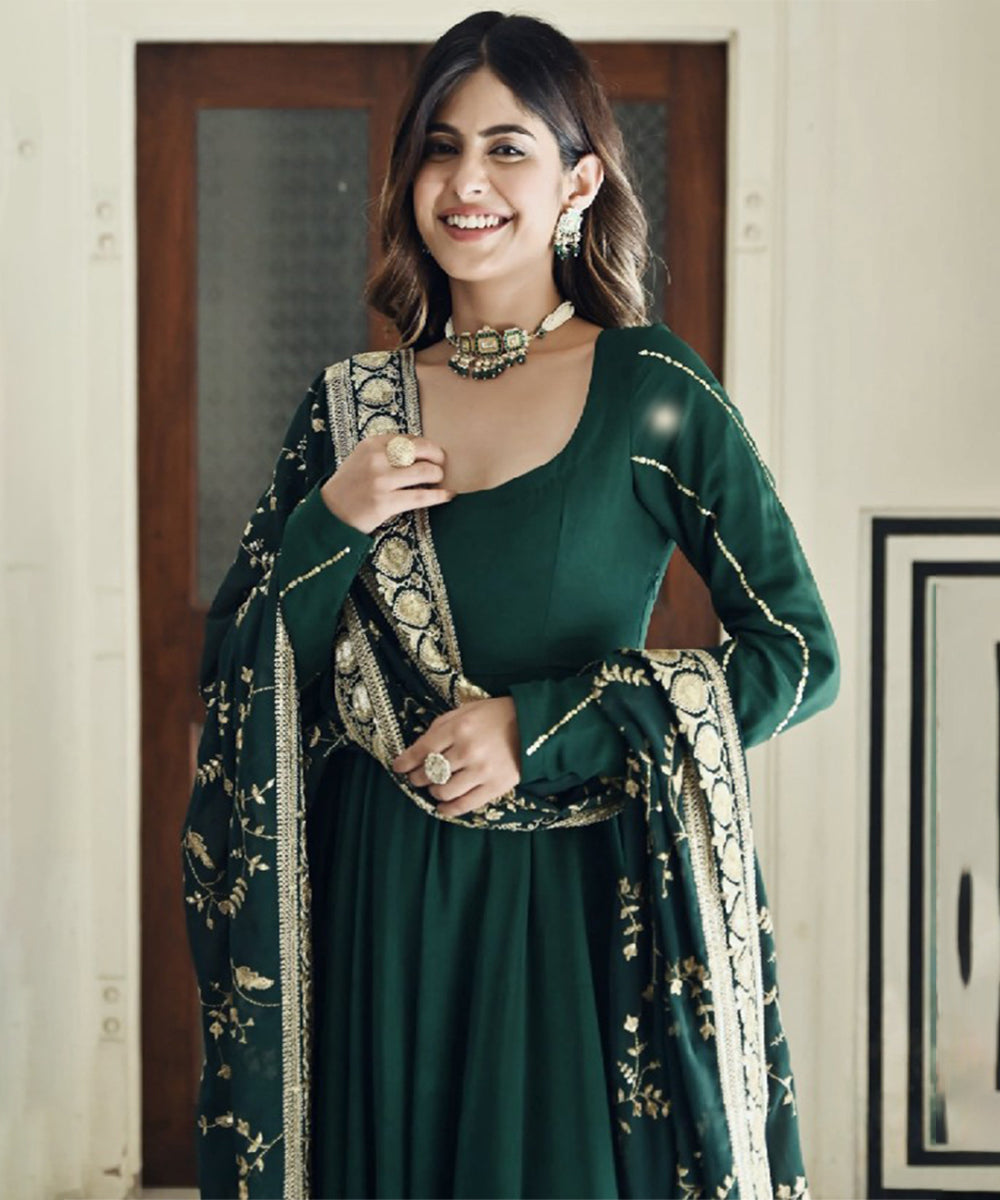 Green Faux Georgette Embroidered Kurta with Pant and Dupatta