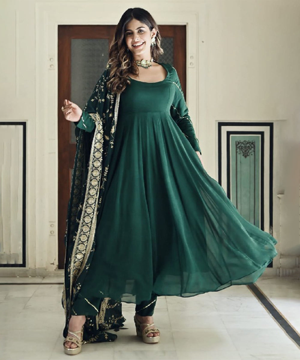 Green Faux Georgette Embroidered Kurta with Pant and Dupatta