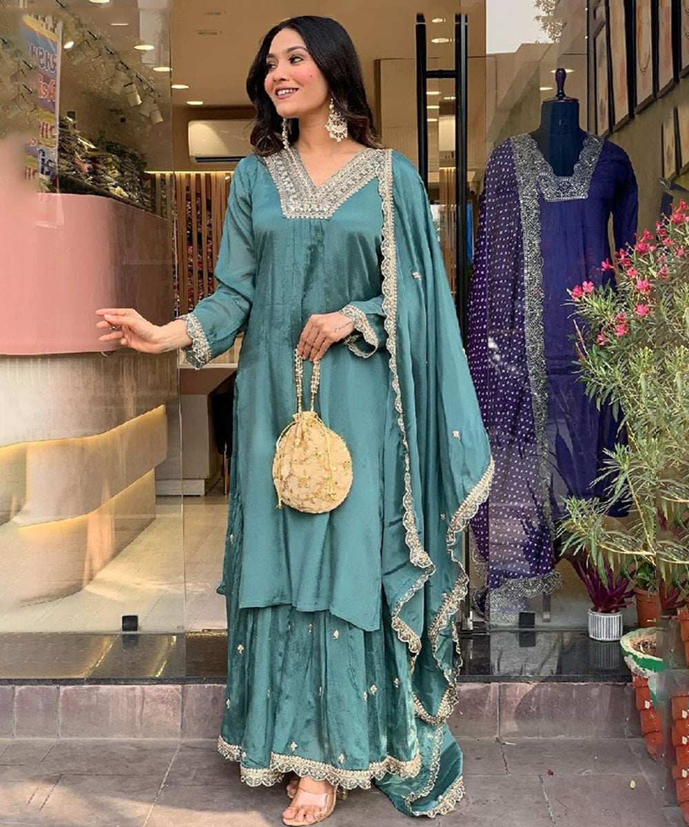 Blue Art Silk Embroidered Kurta with Pant and Dupatta